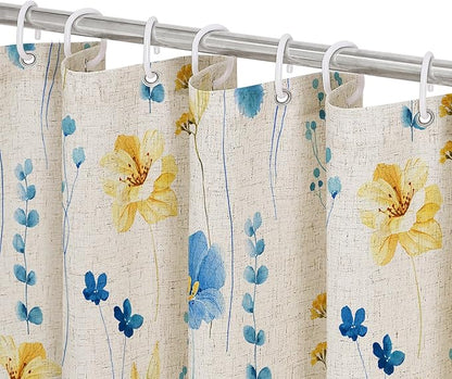 BlueYellow Linen Watercolor Floral Fabric Shower Curtain, 72x72 | Linen Fabric, Modern Minimalist Floral Print, Machine Washable, Rustproof Grommets, for Bathroom Home