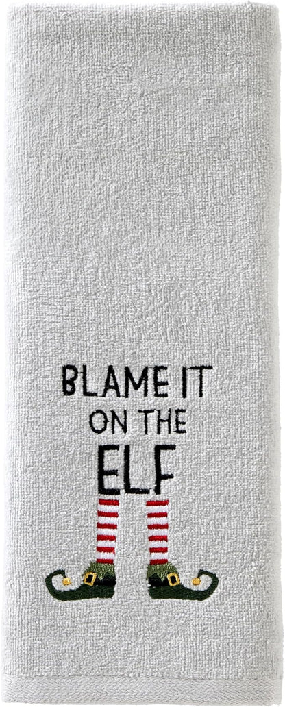 SKL Home Christmas Blame It On The Elf Hand Towel Set-2pc, Gray | 100% Cotton. Soft, embroidered velour. Great for the bathroom, kitchen or bar & holiday gifting.