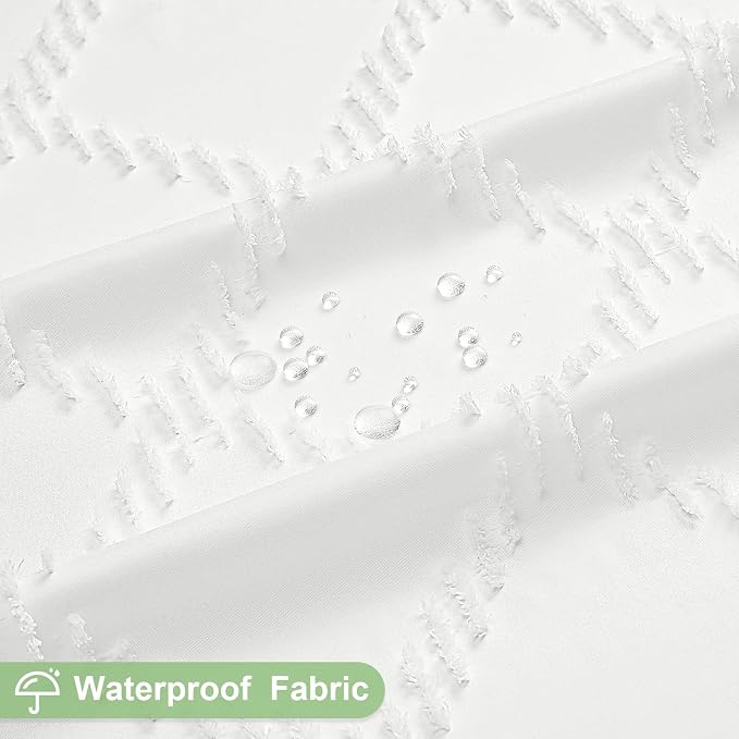White Boho Woven Fabric Shower Curtain with Tassel 72x78, Tufted Textured | Modern Farmhouse Curtain for Bathroom, Long Bathroom Curtain, Minimalist Decor, Waterproof