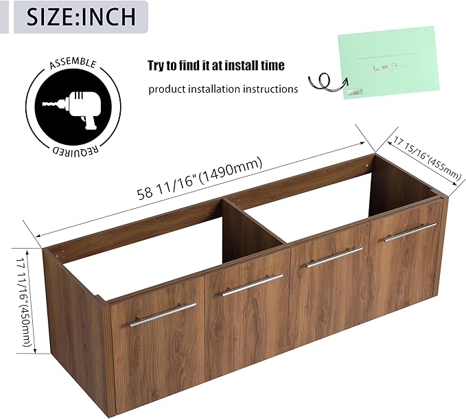 60 Inch Bathroom Vanity Without Sink, 60" Floating Vanity Without Top, Modern Wall Mounted Cabinet for Large Space, Large Bathroom Storage Cabinet with 4 Soft-Closing Doors and Bar Handles
