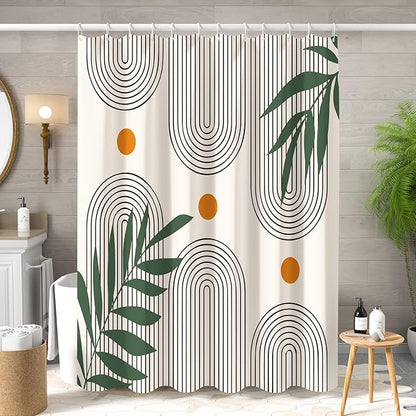 Boho Mid Century Shower Curtain Abstract Arch Geometric Sun Curve Rainbow Tropical Leaves Minimalist Shower Curtain Aesthetic Beige Bathroom Decor Fabric Curtains Set 60x72 inch