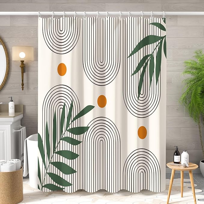 Boho Mid Century Shower Curtain Abstract Arch Geometric Sun Curve Rainbow Tropical Leaves Minimalist Shower Curtain Aesthetic Beige Bathroom Decor Fabric Curtain Set 72x72 inch