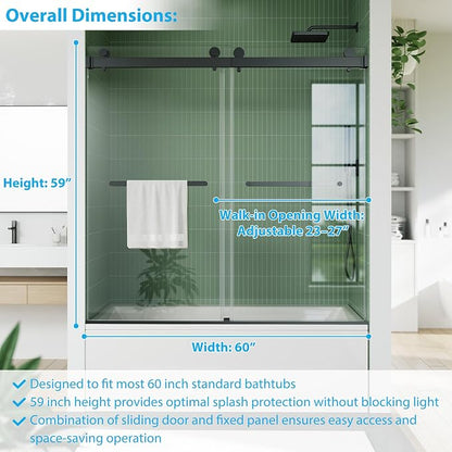 Shower Doors, Frameless Door 56-60" W x 59" H, Sliding Glass with 1/4" (6mm) Clear Tempered Glass for Bathroom