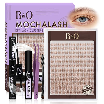 B&Q Brown Lash Clusters Kit Natural Mochalash Clusters 06, Wispy Eyelash Clusters Kit C-Curl Cluster Eyelash Extensions 8-16mm Brown Lash Eyelashes Kit for Fair/Dark Hair(Mochalash 06 Set)