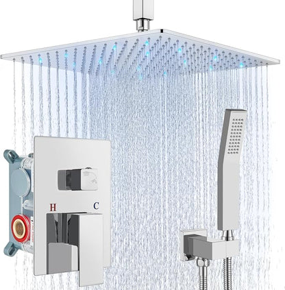 Aolemi Ceiling Shower Faucet Set with Handheld 16" LED Head Polish Chrome | Handheld Spray,16 Inch Rain LED Head,Shower Valve and Trim Kit,All Metal,Ceiling System,Bathroom Mixer