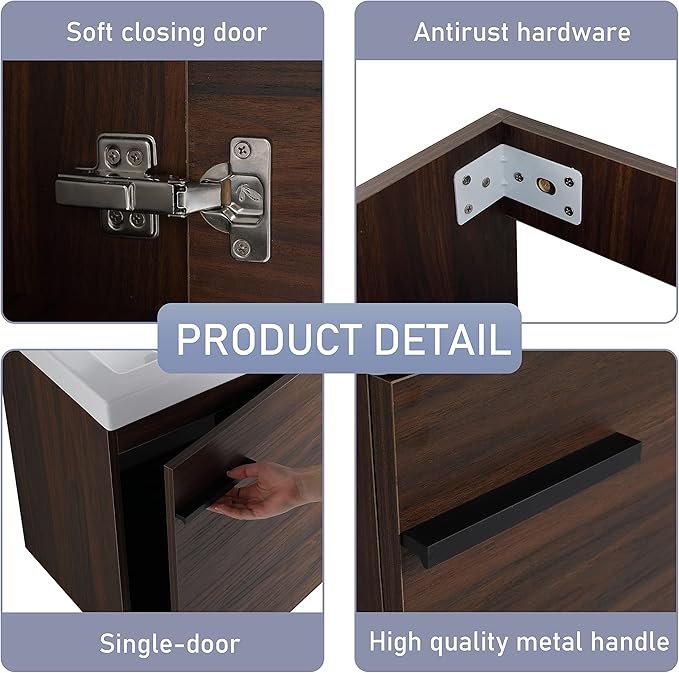 18" Bathroom Vanity with Sink, 18 Inch Floating Bathroom Vanity for Small Space, Modern Bathroom Vanity, Brown Wall Mounted Cabinet Set（017）