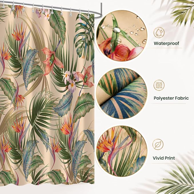 Tropical Shower Curtain, Colourful Leaves Floral Palm Leaf Hawaiian Botanical Plant Bathroom Decor, Waterproof Cloth Fabric Bath Curtain with Hooks 60 x 72 inch