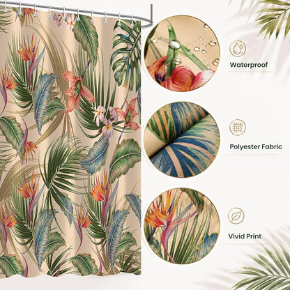 Tropical Shower Curtain, Colourful Leaves Floral Palm Leaf Hawaiian Botanical Plant Bathroom Decor, Waterproof Cloth Fabric Bath Curtain with Hooks 60 x 72 inch