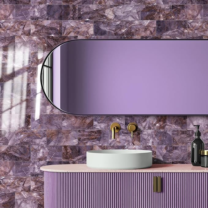 URCOLOR 32-Piece Peel and Stick Backsplash Wall Tile, 4"x 8" PVC Glossy Purple Marble Stick on Subway Tiles for Kitchen, Bathroom, Laundry Room, Camper, Fireplace
