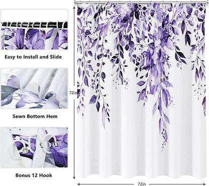 Shower Curtain,Purple Eucalyptus Shower Curtains for Bathroom,Watercolor Leaves Bathroom Curtains Washable Waterproof Leaf Shower Curtain Sets Botanical Shower Curtain Plants 72x72 with Hooks