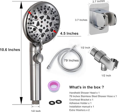 GwernKB Handheld Shower Head with On Off Switch 8-Mode High Pressure Showerhead with 79 Inches Extra-long Stainless Steel Hose and Bracket PLUS Extra Low-Reach Adhesive Wall Mount for Kids,Silver…