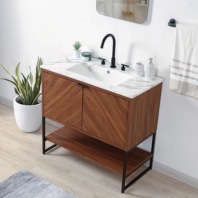 JONATHAN Y VAN1015B Juhl 35 in. W x 18 in. D x 33 in. H Chevron-Front Modern Minimalist 2-Shelf Bathroom Vanity Cabinet Only with Soft Closing Doors (Sink Basin Not Included), Walnut