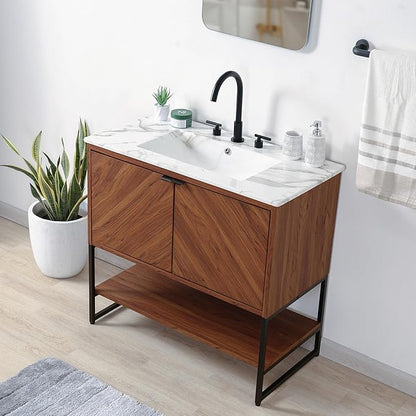 JONATHAN Y VAN1015B Juhl 35 in. W x 18 in. D x 33 in. H Chevron-Front Modern Minimalist 2-Shelf Bathroom Vanity Cabinet Only with Soft Closing Doors (Sink Basin Not Included), Walnut