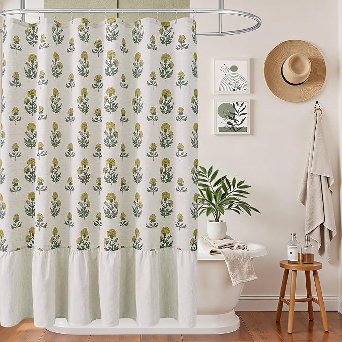 ORTIGIA Linen Textured Ruffle Shower Curtain with Metal Hooks, Vintage Yellow Floral Block Print Boho Waterproof Bath Curtain for Rustic Farmhouse Bathroom Decor 72x72 Inch