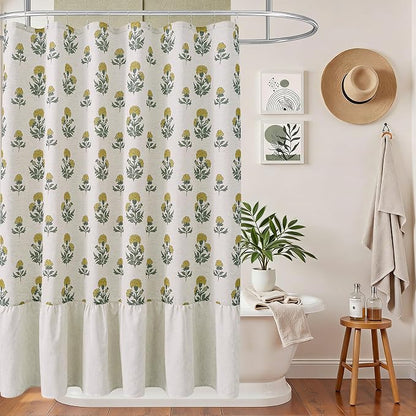 ORTIGIA Linen Textured Ruffle Shower Curtain with Metal Hooks, Vintage Yellow Floral Block Print Boho Waterproof Bath Curtain for Rustic Farmhouse Bathroom Decor 72x72 Inch