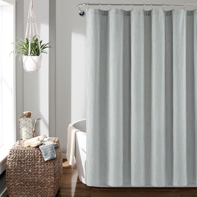 Lush Decor Farmhouse Vintage Stripe Yarn Dyed Cotton Blend Shower Curtain Single 72" W x 72" L Navy - Striped Shower Curtains for Bathroom
