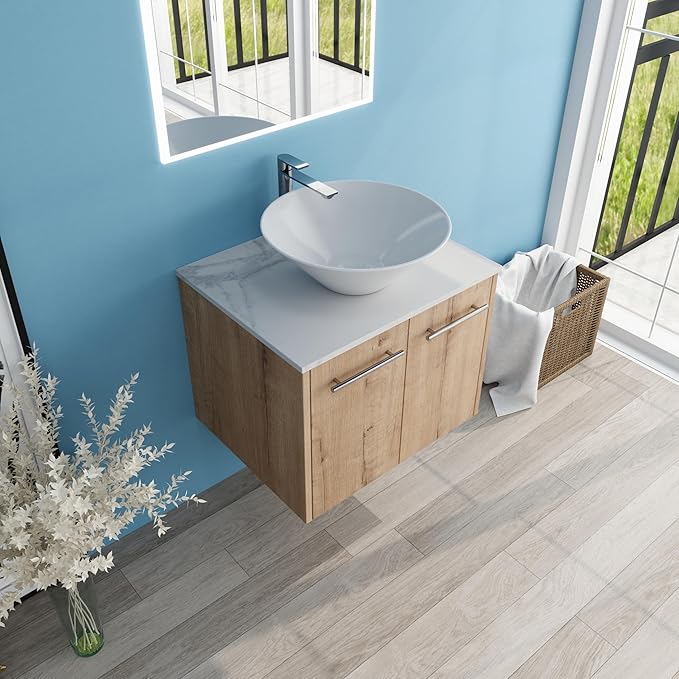 24" Floating Vanity with Sink, 24 Inch Bathroom Vanity with Sink, Modern Plywood Floating Cabinet with Sintered Stone Countertop and White Ceramic Basin, Soft Close Doors