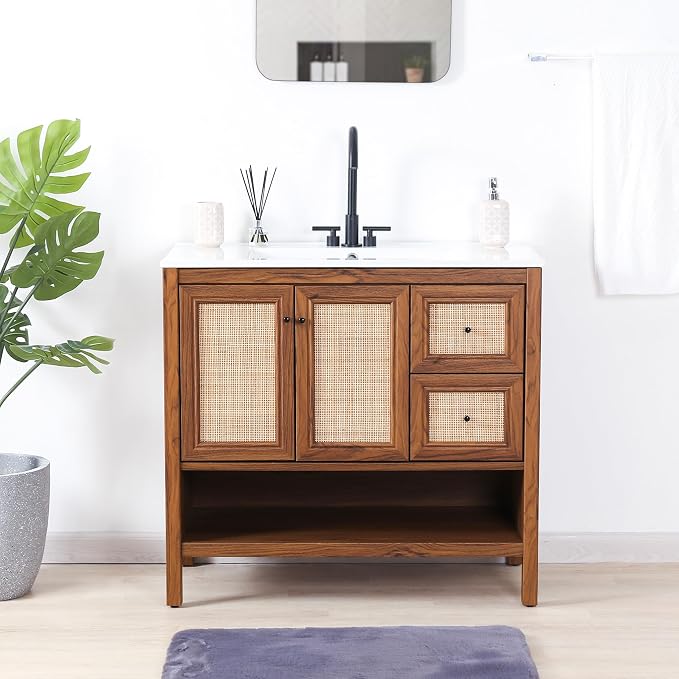 JONATHAN Y Jasper 36" Rattan Freestanding Vanity Cabinet Only, Walnut | 18" Depth 33" Height, 2-Shelf Storage, Soft-Close Door, Matte Black Hardware, Modern Minimalist Bathroom, MDF Wood Grain