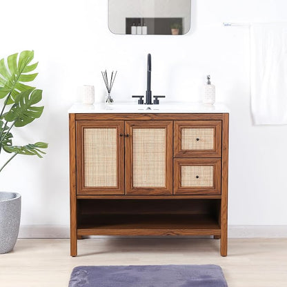 JONATHAN Y Jasper 36" Rattan Freestanding Vanity Cabinet Only, Walnut | 18" Depth 33" Height, 2-Shelf Storage, Soft-Close Door, Matte Black Hardware, Modern Minimalist Bathroom, MDF Wood Grain