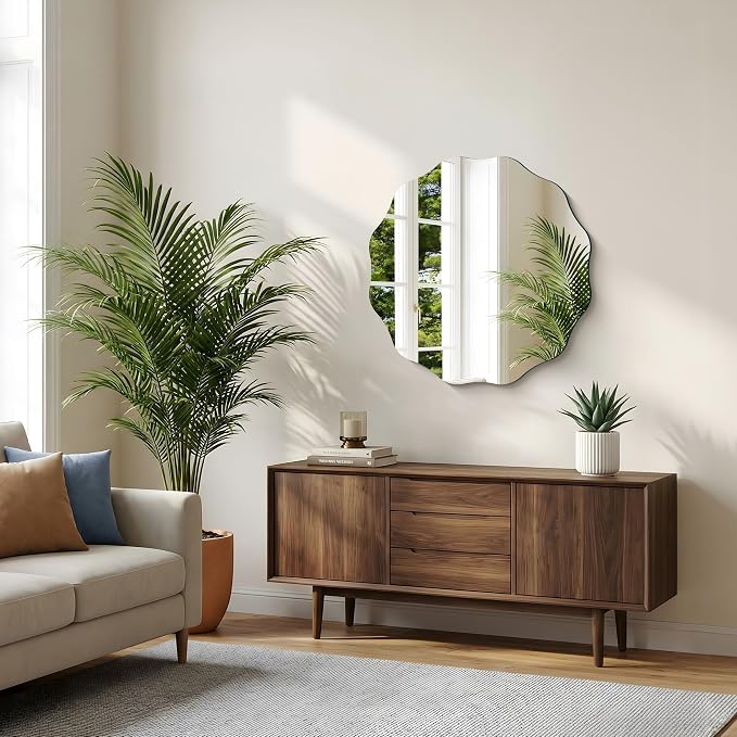 CILIBER Wavy Mirror for Wall, 28'' Scalloped Frameless Round Mirror, 3mm Tempered Glass Decorative Bathroom Vanity Mirror, Mounting/Leaning for Mantel, Living Room, Bedroom and Entryway