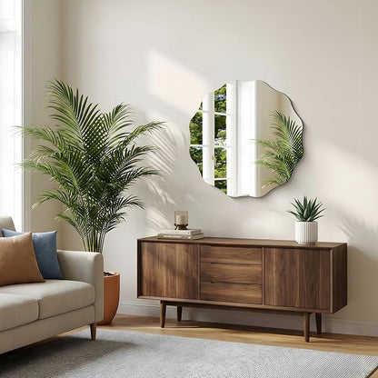 CILIBER Wavy Mirror for Wall, 28'' Scalloped Frameless Round Mirror, 3mm Tempered Glass Decorative Bathroom Vanity Mirror, Mounting/Leaning for Mantel, Living Room, Bedroom and Entryway