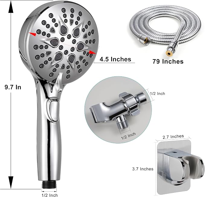 GwernKB Handheld Shower Head with ON OFF Switch & 79in Stainless Steel Hose | Built-in Power Spray,7-Setting High Pressure Spray with Bracket & Extra No Drilling Wall Shower Holder for Lower Mount,Silver