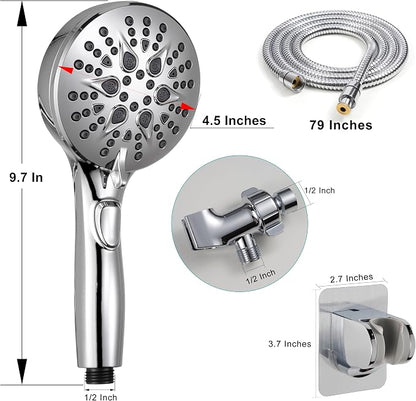 GwernKB Handheld Shower Head with ON OFF Switch & 79in Stainless Steel Hose | Built-in Power Spray,7-Setting High Pressure Spray with Bracket & Extra No Drilling Wall Shower Holder for Lower Mount,Silver