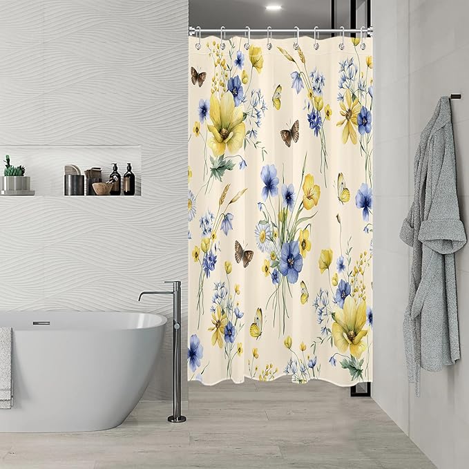 HVEST Wildflower Shower Curtain for Bathroom, Blue and Yellow Floral and Wheat with Butterfly Shower Curtain with Hook, Country Daisy Flower on Beige Shower Curtain Set Bathroom Decor, 48X72 inch