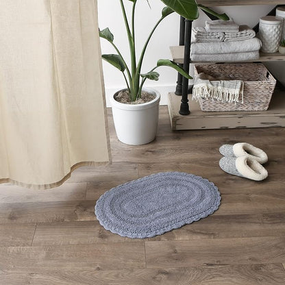 DII Crochet Collection Reversible Bath Mat, Small Oval, 17x24, Stonewash Blue