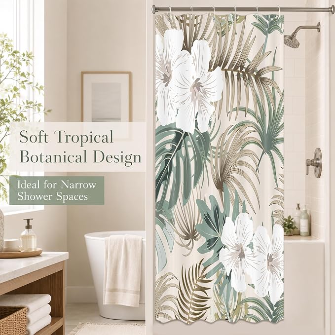 Tropical Shower Curtain for Bathroom, Green Palm Tree Flower Plant Boho Leaf Banana Monstera Sage Beige Shower Curtains Set, Fabric Bathroom Accessories with Hooks 36x72 Inch