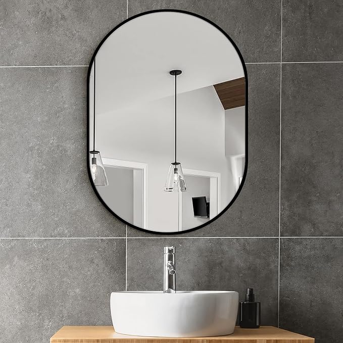 28x20 Black Oval Bathroom Mirror for Over Sink, Aluminum Frame | HD Reflection No Distortion, Aluminum Frame, Mounting Hardware for Vertical or Horizontal Mount