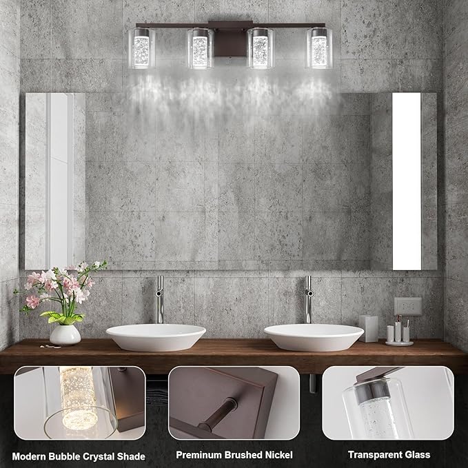 SineRise 4-Light Bronze Vanity Light with 3 Color Modes (3000K/4000K/6000K), Eye Protection LED Bathroom Light Fixture, Dimmable Modern Wall Light Over Mirror with Clear Glass Shade