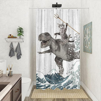 Fungarth Funny Cat Shower Curtain Dinosaur Ocean Sea Wave Shower Curtains for Bathroom Cool Waterproof Fabric Rustic Wooden Farmhouse Bath Curtain Decor (Gray1, 36” x 72”)