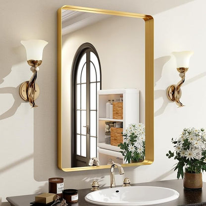 Easly 36 x 24 Inch Gold Bathroom Mirror for Wall,Aluminum Alloy Frame Rectangular Wall Mounted Mirror for Farmhouse Decor Horizontal or Vertical Ideal for Bedroom, Living Room