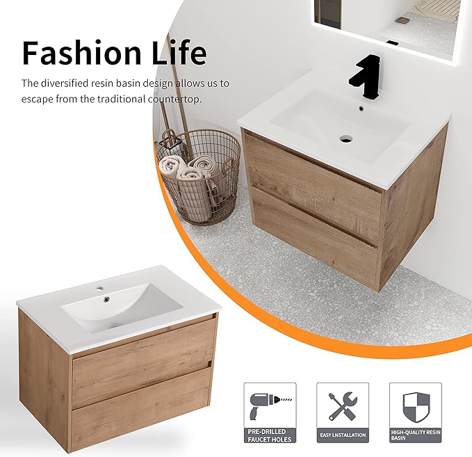 24 inch Floating Bathroom Vanity with Ceramic Sink, 24'' Wall Mounted Cabinet with 2 Soft-Closing Drawers, Space Saving for Small Bathroom, Modern Storage Cabinet, Brown Finish