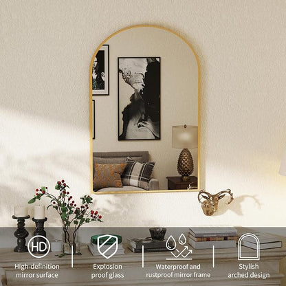 NEWBULIG 26"X38" Arched Bathroom Mirror for Over Sink, Wall Vanity Mirror | Tempered Glass, Anti-Rust Arched Metal Framed, Hanging or Leaning, Farmhouse Home Decor, Gold