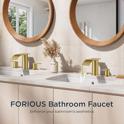 FORIOUS Upgrade Brushed Gold Bathroom Faucets 3 Hole, 8 Inch Widespread Waterfall Bathroom Sink Faucet Two Handle with CUPC Hose and Metal Pop-up Drain for Lavatory, Farmhouse, Rv Remodel