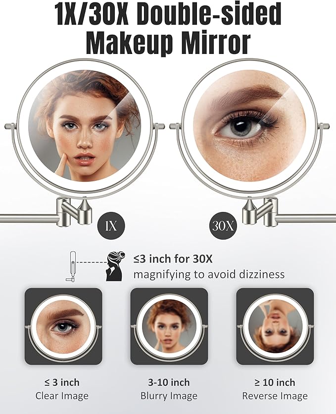 30X/1X 8 Inch Wall Mounted Magnifying Makeup Mirror with Light for Bathroom | Double Sided 3500mAh Rechargeable LED Lighted Vanity Mirror with Magnification 3 Color Light up Extended Arm 360 Rotation