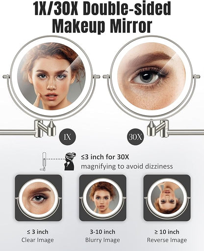 30X/1X 8 Inch Wall Mounted Magnifying Makeup Mirror with Light for Bathroom | Double Sided 3500mAh Rechargeable LED Lighted Vanity Mirror with Magnification 3 Color Light up Extended Arm 360 Rotation