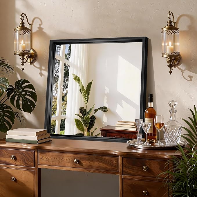 CIRCUMI 24"x24" Brushed Black Bathroom Mirror, Square Mirror for Vanity | Chunky Box Metal Frame, Shatterproof, Tempered Glass, Bathroom Remodel&New Home,Wall Mirror for Over Sink,Living Room,Hallway