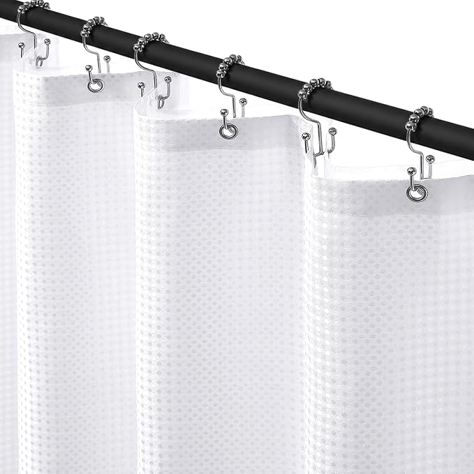Siiluminisoy Shower Curtain and Liner Set, Waffle Shower Curtain Set with 12 Stainless Steel Hooks, Waterproof Luxury Fabric Shower Curtains for Bathroom and Hotel, White, 72" W x 84" H