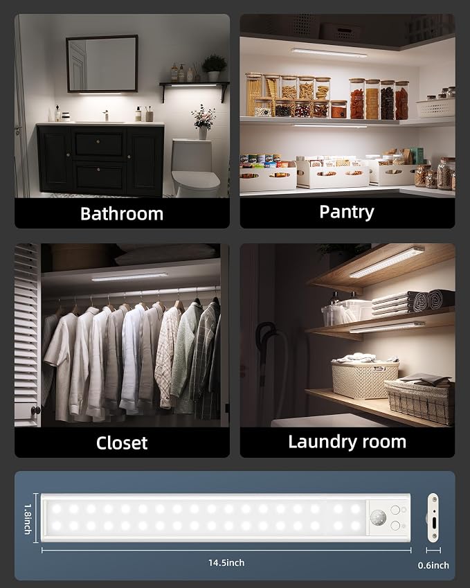 14.5-inch Under Cabinet Lights, Wireless Closet Light, Motion Sensor, 3500mAh Rechargeable Battery, Magnetic, 3 Color Temps, 5 Levels Dimmable, Under Counter Lights for Kitchen (2 Pack)