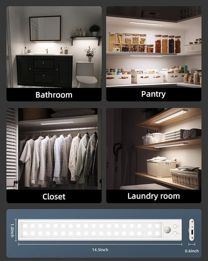 14.5-inch Under Cabinet Lights, Wireless Closet Light, Motion Sensor, 3500mAh Rechargeable Battery, Magnetic, 3 Color Temps, 5 Levels Dimmable, Under Counter Lights for Kitchen (2 Pack)