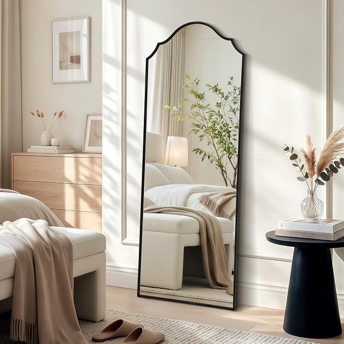 Besdomus Scalloped Full Length Mirror: 21"x56" Black Arched Floor Mirror | Classical Minimalist Wooden Frame Body Long Mirror for Wall/Bedroom/Cloakroom/Entryway/Living Room - Home Decor for Housewife