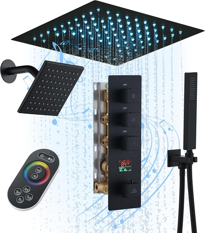 CASAINC Thermostatic Shower System 12" Ceiling-Mounted Rain Shower Head with 6" Shower Head, Smart Shower System with Handheld Spray, LED Light & Music, Water Temperature Display (Matte Black)