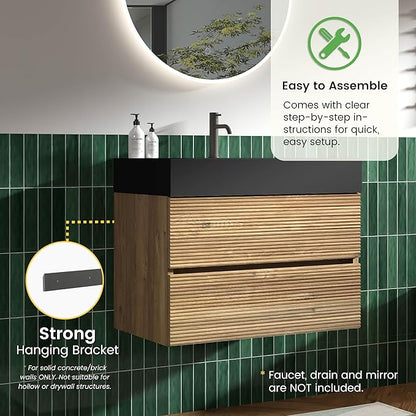 30 Inch Floating Bathroom Vanity with Black Sink, Modern Wall Mounted Floating Vanity with 2 Soft-Closing Drawers, Large Storage for Apartment, Hotel, Rough Oak