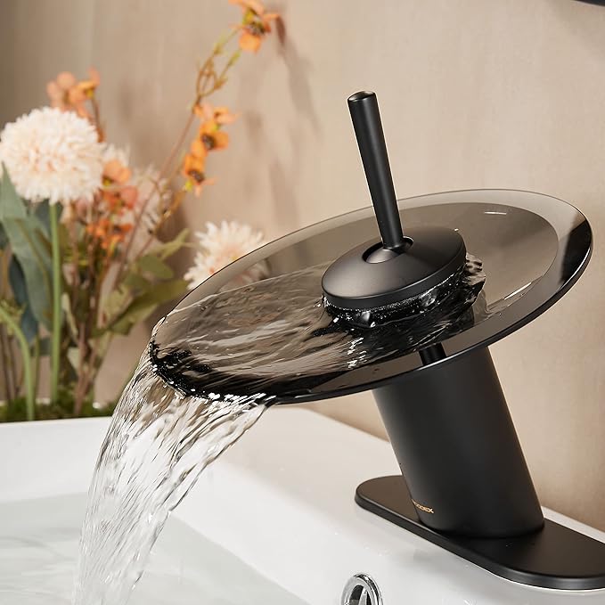 Waterfall Bathroom Sink Faucet Solid Brass Modern Circle Glass Waterfall Faucet for Basin Vanity Single Hole Pedestal Sink Faucets One Handle Corner Sink Bathroom Faucet, Short, Black