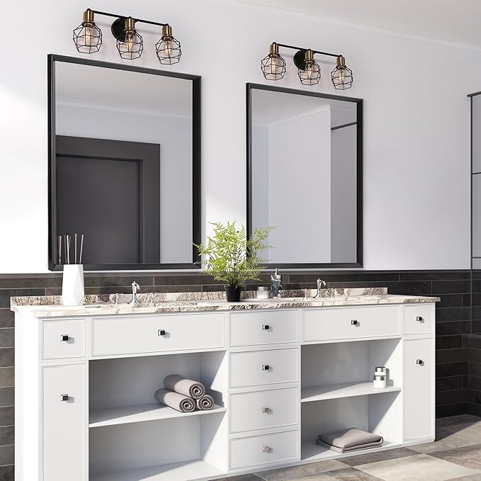 LALUZ Modern Farmhouse Mid-Century 3-Light Black and Gold Bathroom Vanity Light with Industrial Metal Cage