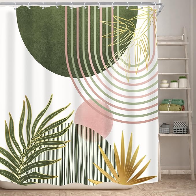 Mid Century Sage Green Pink Boho Abstract Bathroom Shower Curtain Set | 72Wx72L S Plant design, waterproof HD print with fast-drying fabric and 12 hooks.