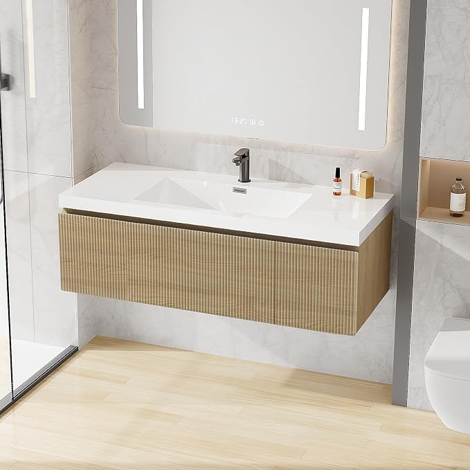 48 Inch Floating Bathroom Vanity with Sink, Modern Oak Wall Mounted Floating Vanity with Glossy Resin Sink, Soft Closing Drawer and Door, Fully Pre Assembled Bathroom Vanity, Natural Oak
